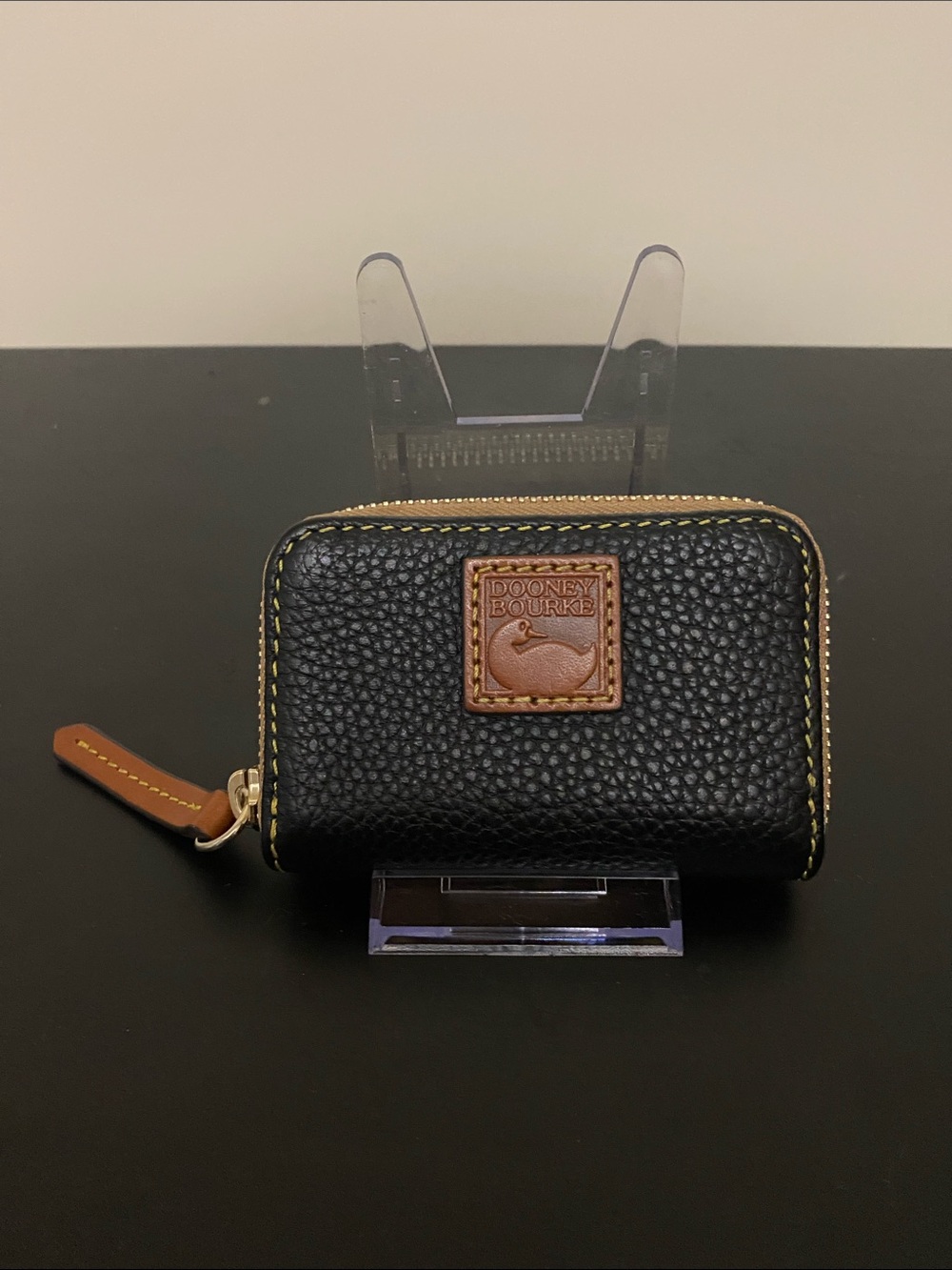 Dooney & Bourke Black Pebbled Leather  Card Holder with Brown Logo Patch
